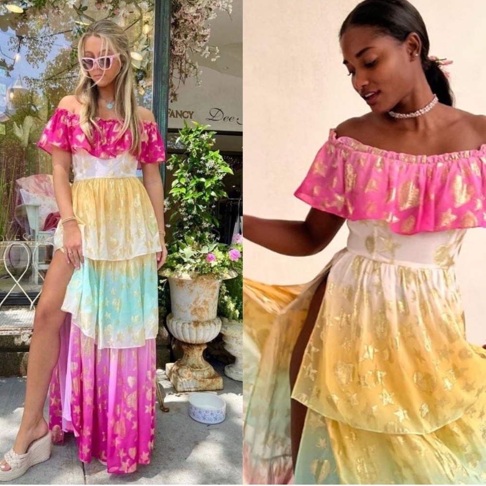 LoveShackFancy Vynne Off the Shoulder Maxi Dress in Rainbow Ombré 🌈